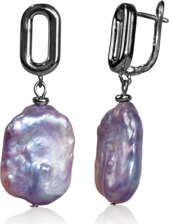 Mayfair Pearls Silver / Pink Geometric Clasp With Lilac Baroque Pearl Earrings