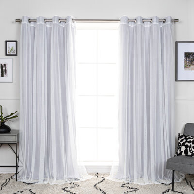 Best Home Fashion, Inc. Basketweave Printed Polyester Room Darkening And Ruched Tulle Sheer Silver Grommet Curtain Pair (Set Of 4)