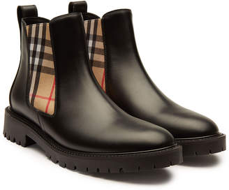 Burberry Leather Ankle Boots with Check Printed Fabric