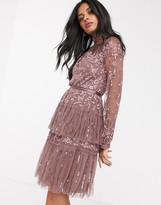 Thumbnail for your product : Needle & Thread embroidered tiered mini dress with sheer sleeves in merlot