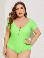 Thumbnail for your product : Shein Plus Neon Lime Button Short Sleeve One Piece Swim