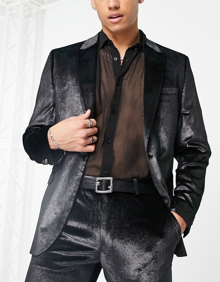 ASOS DESIGN super skinny velvet suit jacket in black and silver - ShopStyle