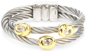 Charriol White Topaz Accent Double Cable Ring in Stainless Steel and 18k Gold-Plated Sterling Silver