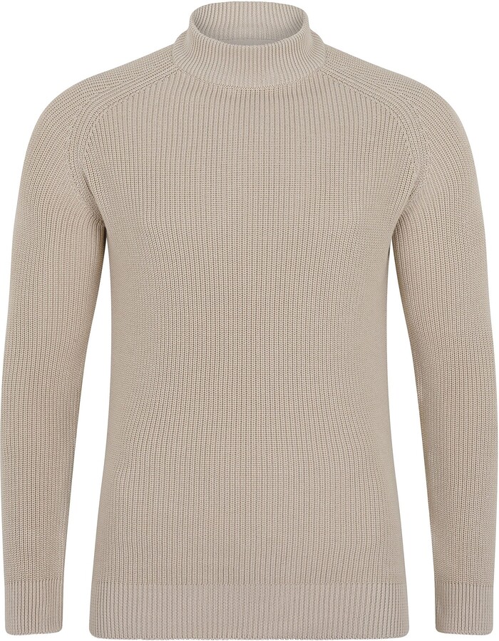 Paul James Knitwear Mens Midweight Cotton Byrne Ribbed Mock Turtle Neck Jumper - Birch