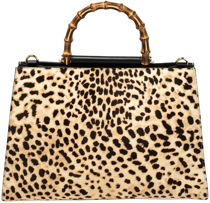 Gucci Black/Beige Leopard Print Calfhair and Leather Nymphaea Top ...