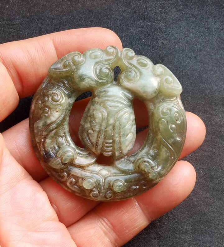 Etsy Dragon Cicadas Circle Carving Green Jade Stone Pendant, Double Face Jade, Good Lucky Amulet For Making Handmade Necklace Pendant Jewelry