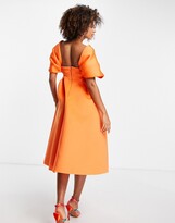 Thumbnail for your product : ASOS DESIGN off shoulder deep V draped sleeve midi skater dress in orange