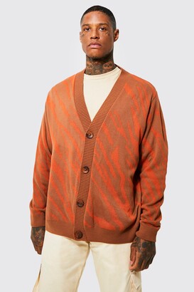 boohoo Mens Orange Relaxed Fit Animal Knitted Cardigan - ShopStyle
