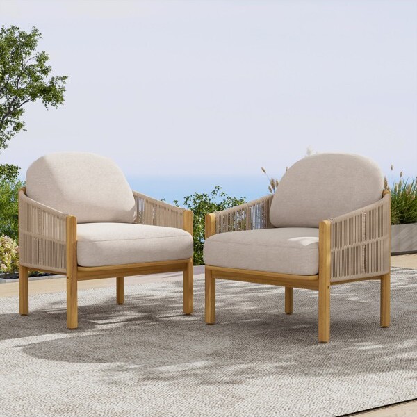Setof2OutdoorAcaciaWoodRopeClubChairwithBeigeCushions&TeakFinishDeepSeatingforPatioGardenPorch-3irtyhousy
