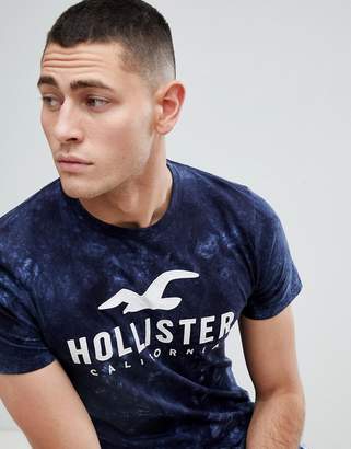 Hollister Iconic Applique Logo Acid Wash T-Shirt In Blue