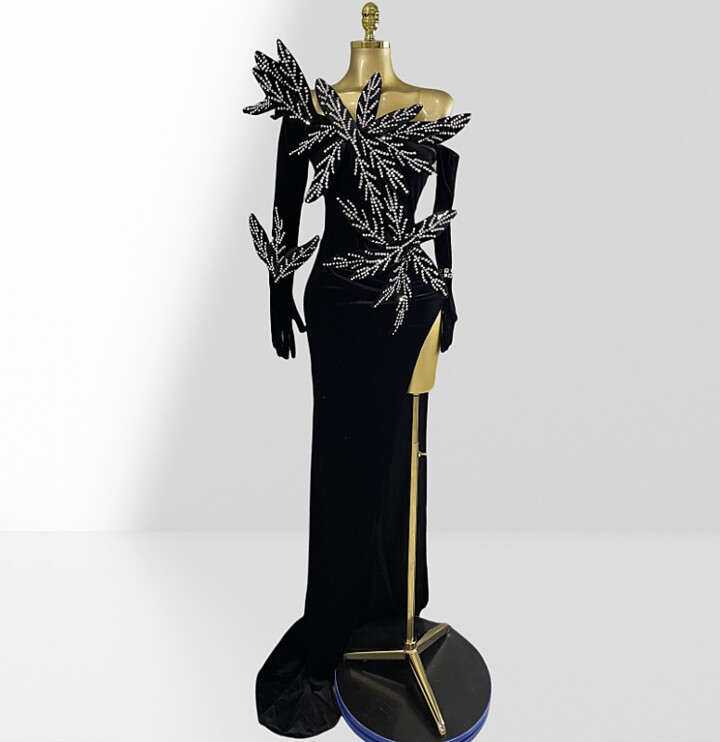 XEVMONI Luxurious Rhinestone Flowers Black Velvet Floor Length Dress Graceful Woman Evening Dress Celebrity Birthday Party Outfit
