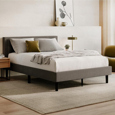 Blooming Contemporary King Bed Frame & Upholstered Headboard, Gray Linen - Sturdy Wooden Slats, 8-Inch Legs