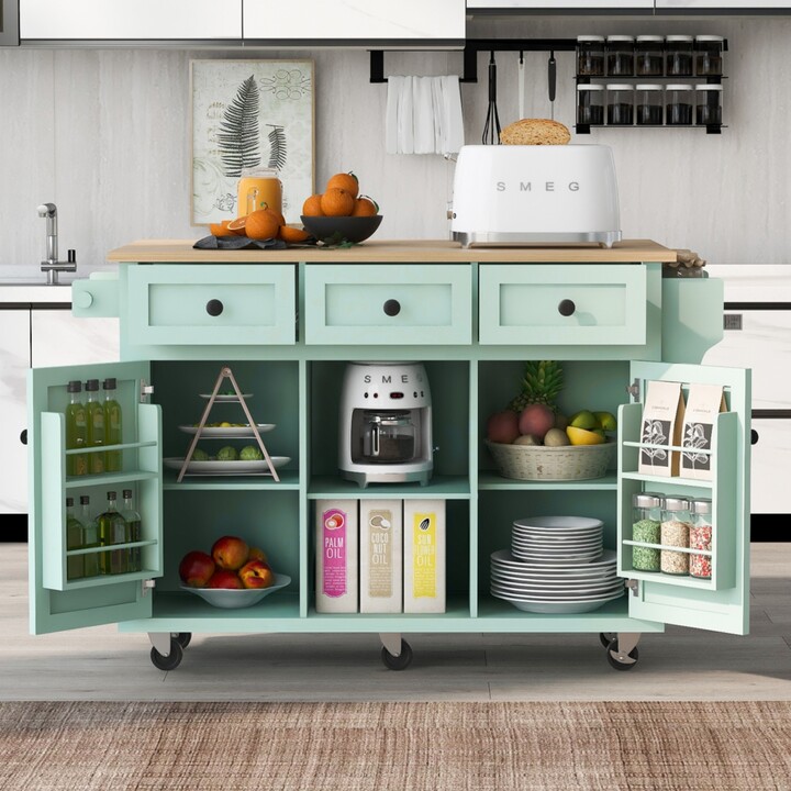Streamdale Furniture Streamdale Mint Green Kitchen Cart with Drop-Leaf, Cabinet, and Drawers
