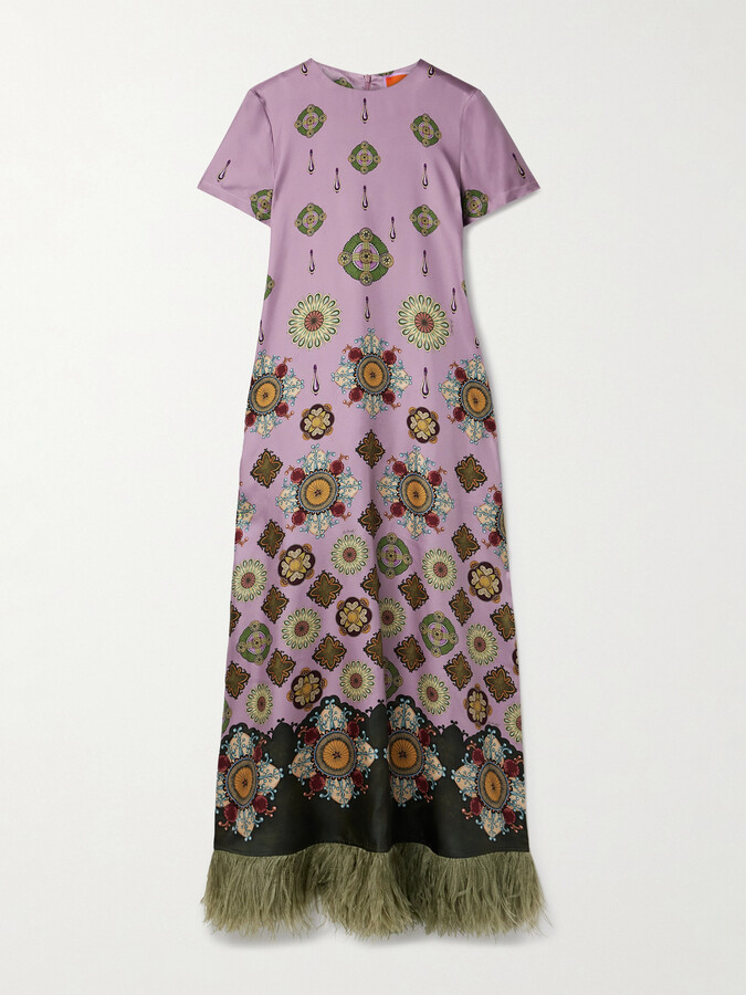 La DoubleJ Swing Feather-trimmed Printed Silk-twill Maxi Dress - Purple