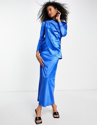 ASOS DESIGN long sleeve satin shoulder pad drape maxi dress in cobalt blue