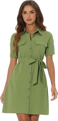 Allegra K Women's Safari Dresses Summer Cotton Short Sleeve Belted Button Down Shirtdress Tan XL