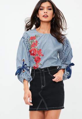 Missguided Blue Striped Floral Top, Blue