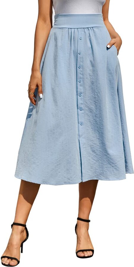 Kate Kasin Pleated Skirts for Women Elegant Knee Length Skirt Flared A-Line  Skirt Business Skirts Rockabilly High Waist Swing Skirts Light Blue XL -  ShopStyle