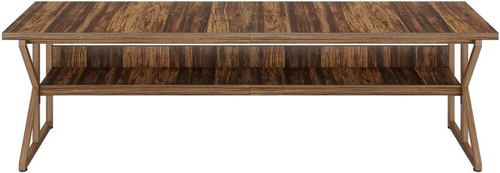 TRIBESIGNS WAY TO ORIGIN Halseey 78.7 in. Rectangular Brown Wooden Long Computer Desk with Storage Shelf, Large Double Desk 2-Person Desk