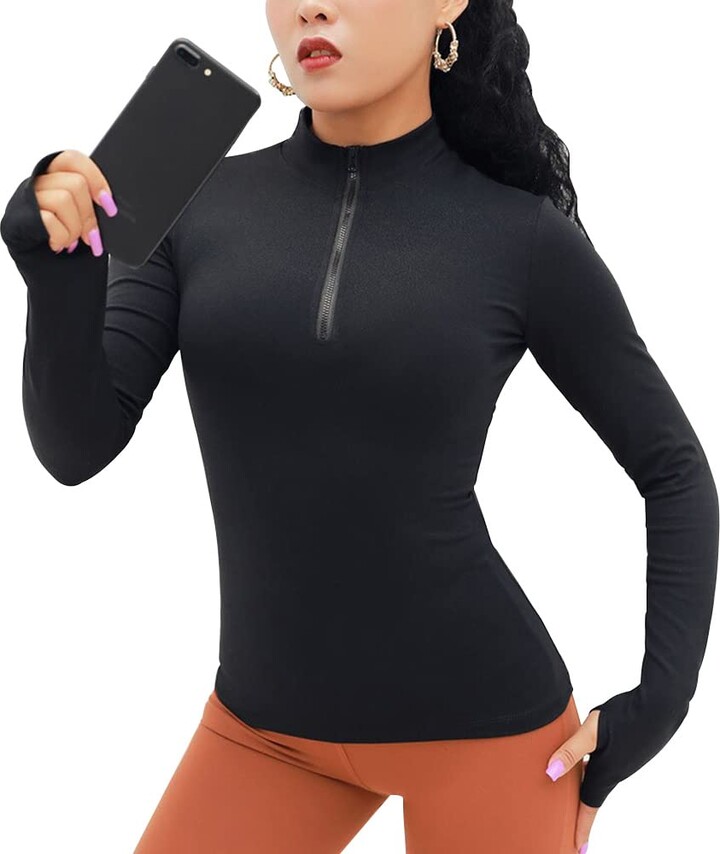 KOEMCY Women's Long Sleeve Top Sweatshirt Yoga Half Zip Slim Fit Stand  Collar Pullover Running Tops Athletic Activewear Sports Gym Fitness Shirts  Tight Workout Top with Thumb Holes (Black - ShopStyle