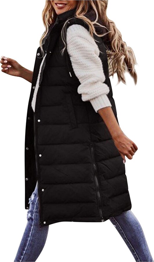 Doncic077 Womens Gilets Hooded Quilted Gilet Vest Winter Womens Long Gilets  Solid Padded Gilet Women's Longline Gilet Jacket Plus Size Long Sleeveless  Hooded Quilted Vest Down Jacket (Black - ShopStyle