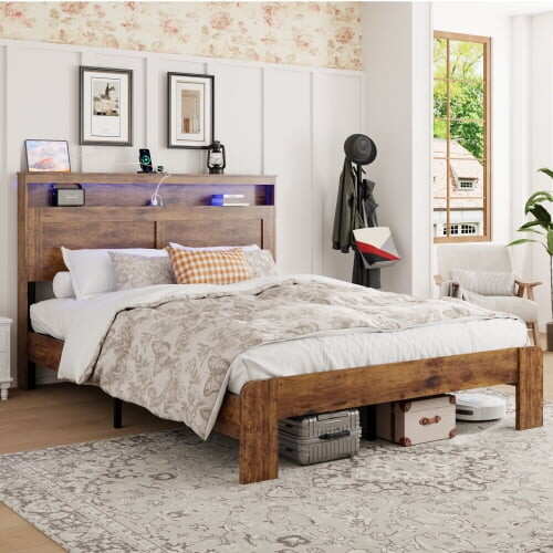 Euroco Wood Queen Size Platform Bed with Storage Headboard, LED Light and USB Charging Station, Dark Brown