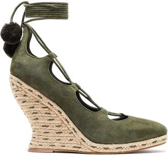 Tory Burch Pompom-embellished Lace-up Suede Wedge Espadrilles
