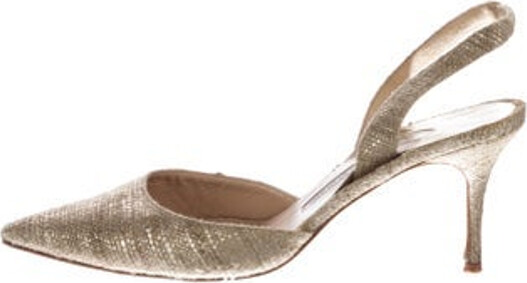 Manolo Blahnik Glitter Slingback Pumps Gold Tweed Pattern Pointed-Toes Elasticized Straps