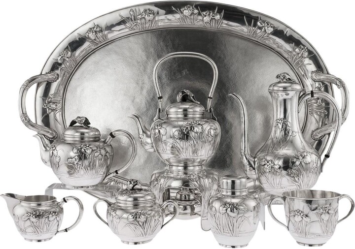 Samurai Shokai Japanese Silver Massive Tea & Coffee Service On Tray, Circa 1900