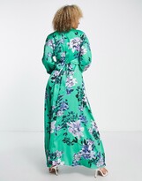 Thumbnail for your product : Liquorish satin maxi wrap dress with long sleeves in green floral