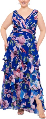 Xscape Evenings Plus Size Tiered Floral-Print Chiffon Long Fit & Flare Dress