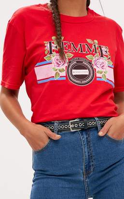 PrettyLittleThing Black Femme Slogan Rose Oversized T Shirt
