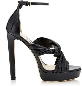 Jimmy Choo ABRIL 130 Black Nappa Platform Sandals with Intertwined Ruched Leather Straps