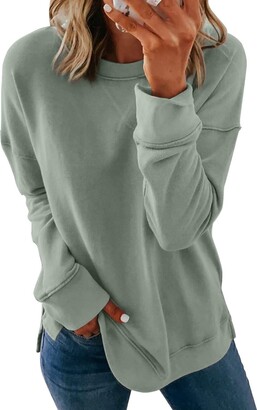 LMKIHUSA Side Split Oversized Sweatshirts For Women,Women Striped Shirt Drop Shoulder Color Block Crew Neck Sweatshirt Long Sleeve Casual Loose Pullover Top Y2K Clothes,Green,XL - View #8
