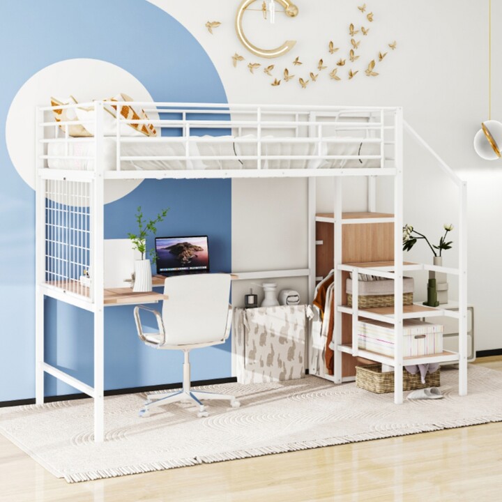 Streamdale Furniture Simplie Fun Metal Loft Bed with Desk Ladder and Wardrobe White