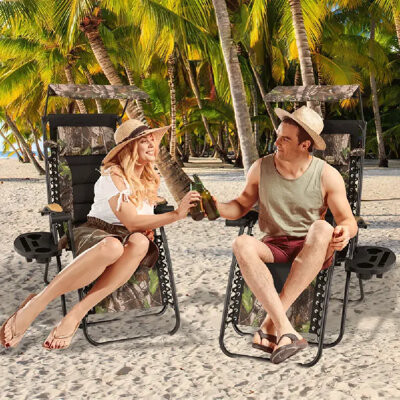 Arlmont & Co. Zero Gravity Chairs Set Of 2 Patio Anti Gravity Recliners With Canopy Shade Foldable Outdoor Lounger With Cup Holder Tray And Headrest For Beach Cam