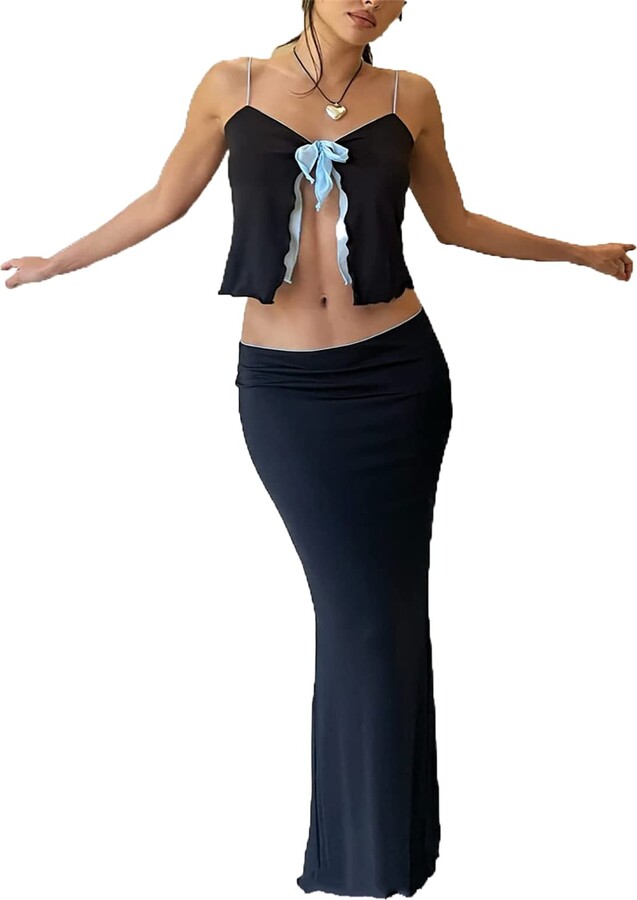 Geagodelia Women Two Piece Maxi Skirt Set Floral Embroidered Strapless Top and Low Rise Maxi