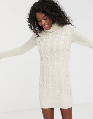 Brave Soul roll neck cable knit sweater dress in oatmeal