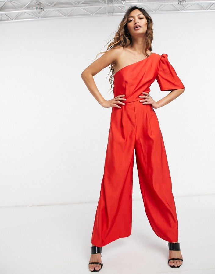 ASOS DESIGN structured one shoulder jumpsuit in red - ShopStyle