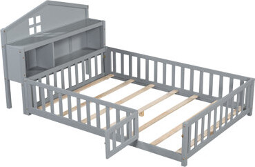 Harper Orchard Full-size Floor Beds with Bookcases and Blackboards with Guard rails, Storage Headboards, Grey