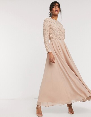 ASOS DESIGN Bridesmaid maxi dress with long sleeve in pearl and beaded embellishment with tulle skirt