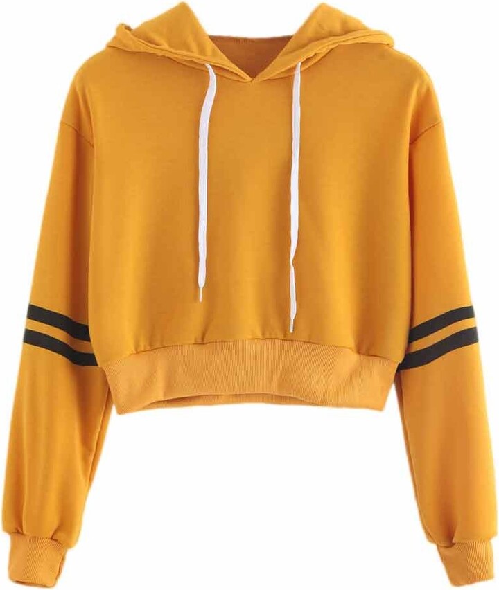 Whycat Stripe Sleeve Cropped Hoodie Women Crop Tops Hooded Sweatshirt  Pullover Active Hoodies Plain Sweatshirts Cute Girls School Casual Tops T  Shirt (Yellow - ShopStyle