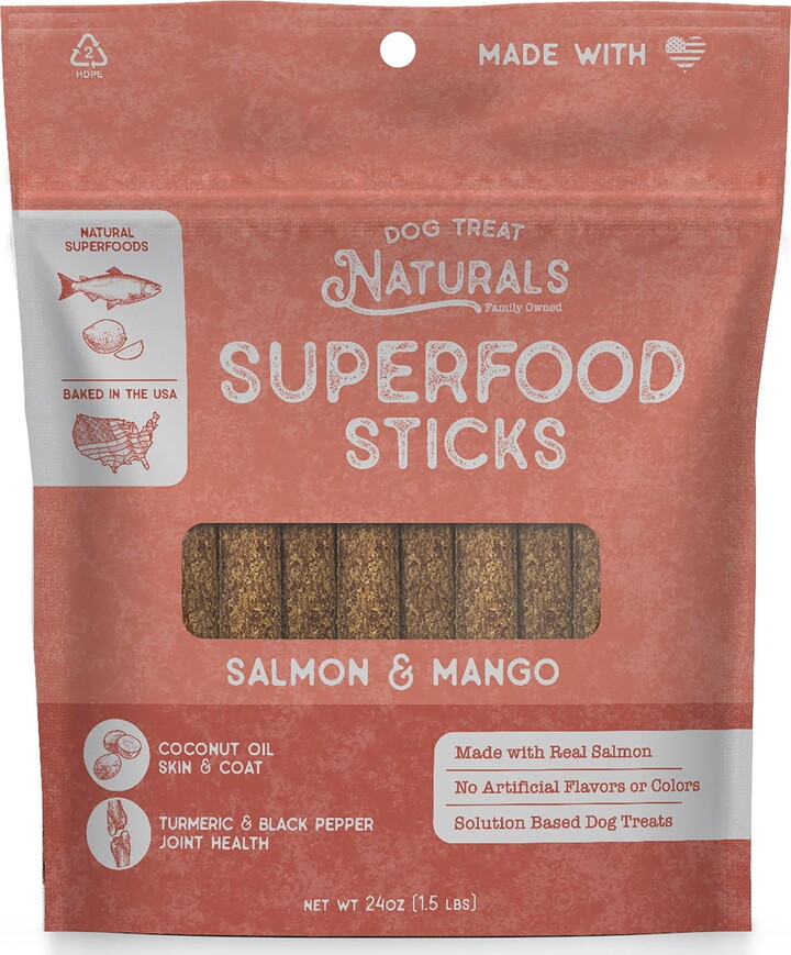 Dog Treat Naturals: Superfood Sticks - Salmon & Mango - 24oz Bag, Dog Chew Treats, All-Natural, Pet Training Snacks, Joint-Skin-Coat Health, USA Made