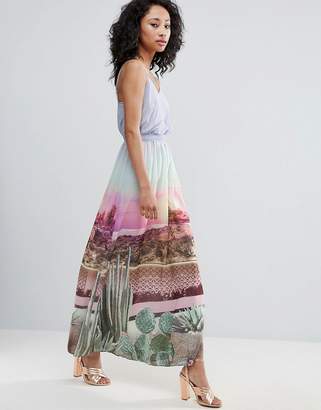 Yumi Scenic Print Maxi Dress With Tie Waist