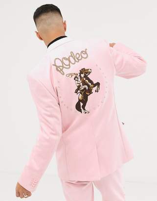 ASOS DESIGN slim suit jacket in pink faux suede with western embroidery