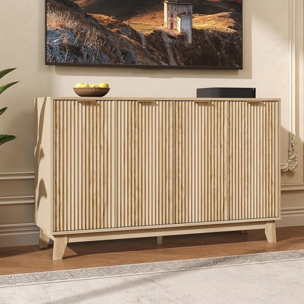 TackView55''FlutedSideboardCabinetModernFlutedStorageCabinetwithAdjustableShelves&DoorsNaturalOak