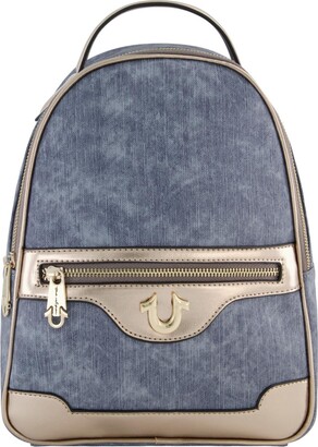 Designer Denim Backpack In Black Genuine Sky Blue Leather