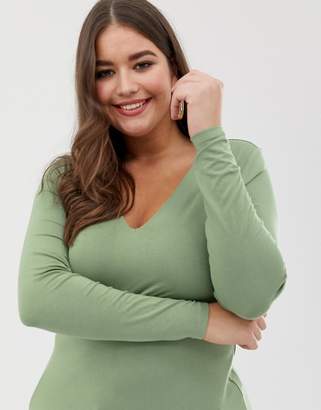 ASOS Curve Design Curve Ultimate Top With Long Sleeve And V-Neck In Khaki Green
