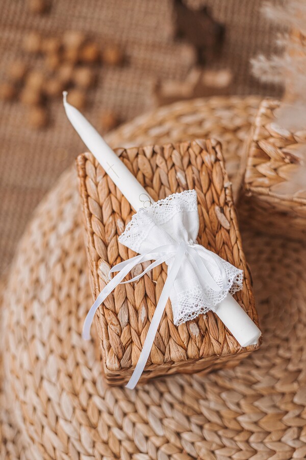 Etsy Wax Taper Candle & Linen Decoration Set For Boys Girls, Torch With Lace Ribbon in Gift Box, Church Candlestick Minimalistic Cross