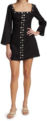 STAUD Chiara Linen Button Bell-Sleeve Mini Shift Dress